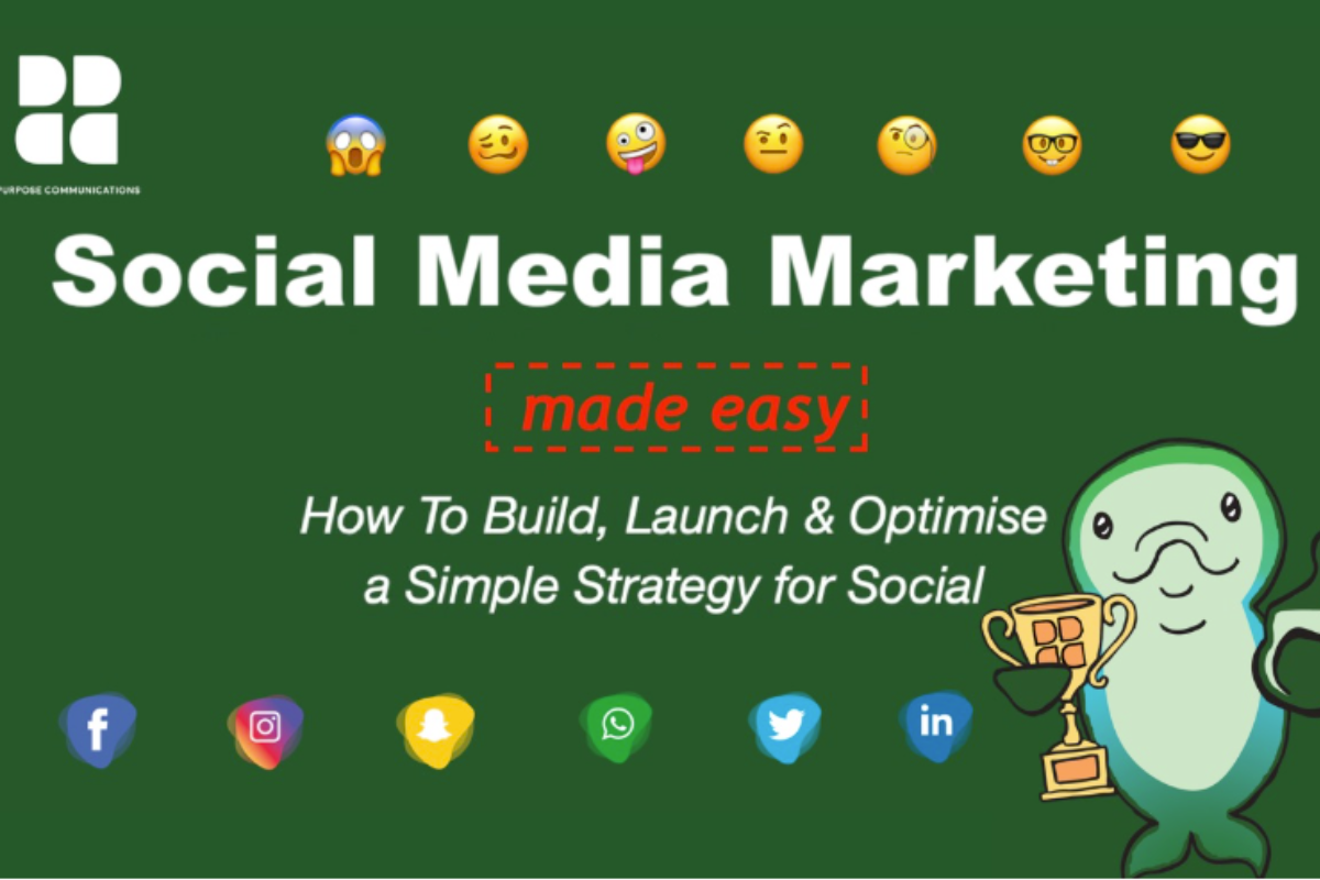 Green graphic with the text “Social Media Marketing made easy” and icons of major social platforms, emojis, and a cartoon mascot holding a trophy.